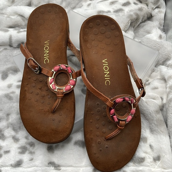 Vionic Ricci Brown Leather Rhinestone Sandals Size 8 - Picture 6 of 6